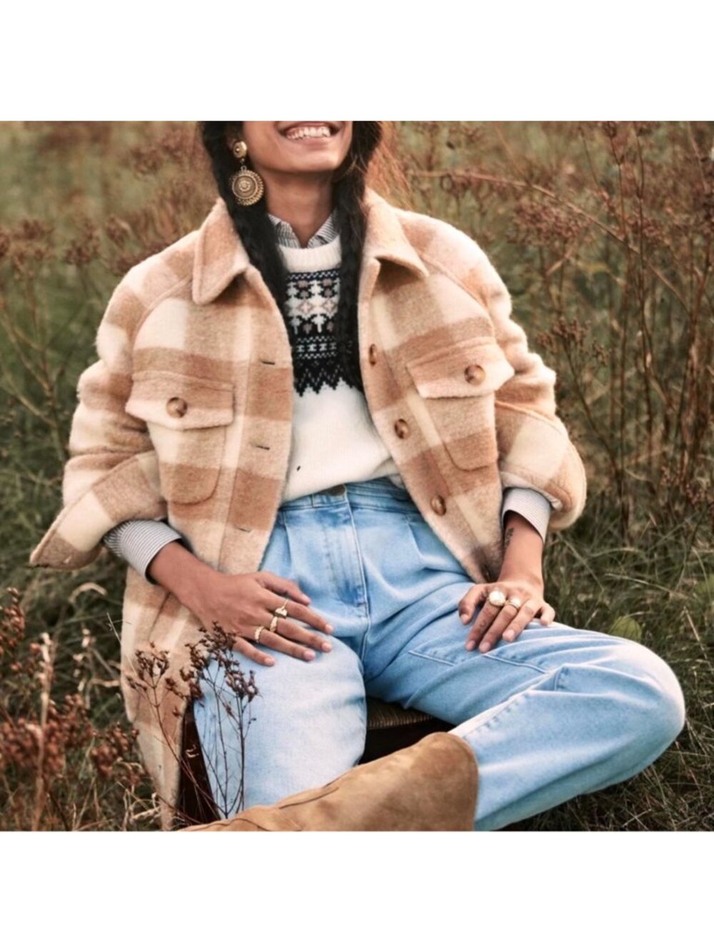 Sezane Joe coat ecru beige plaid check SZ44 US BEIGE WHITE 12 bust48in xL-xxl